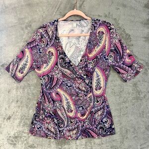 Croft & Barrow Top XL Purple Paisley Print V-Neck Wrap Style Blouse